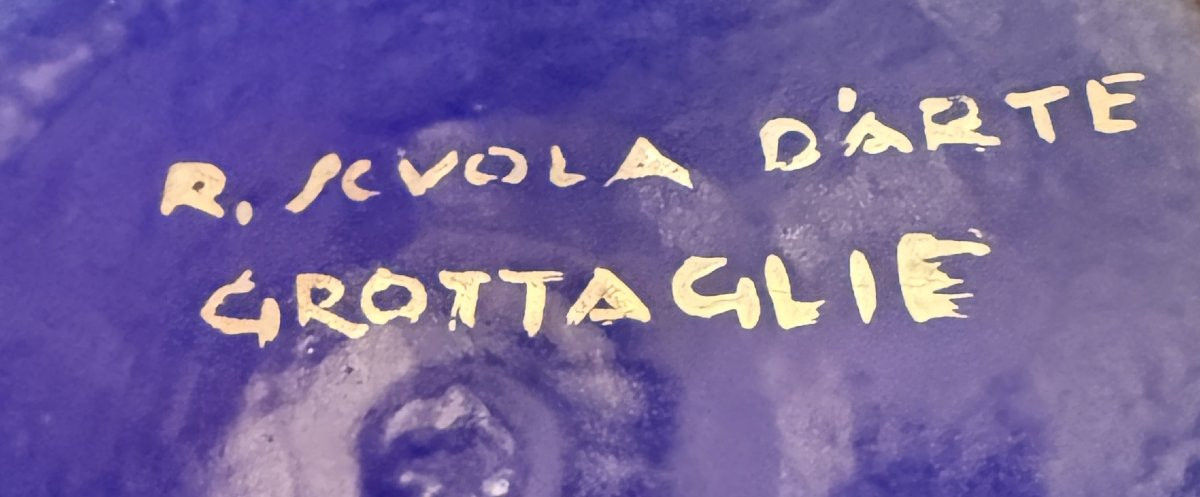 R. SCUOLA D’ARTE GROTTAGLIE - Grande Vaso In Ceramica Blu e Dettagli Dorati - Italia Anni 30-photo-4